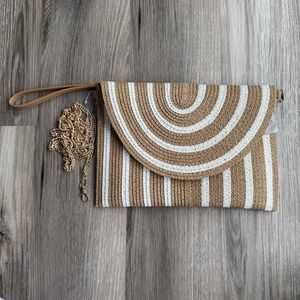 Woven Straw Clutch with White Stripes - Neutral Summer Bag